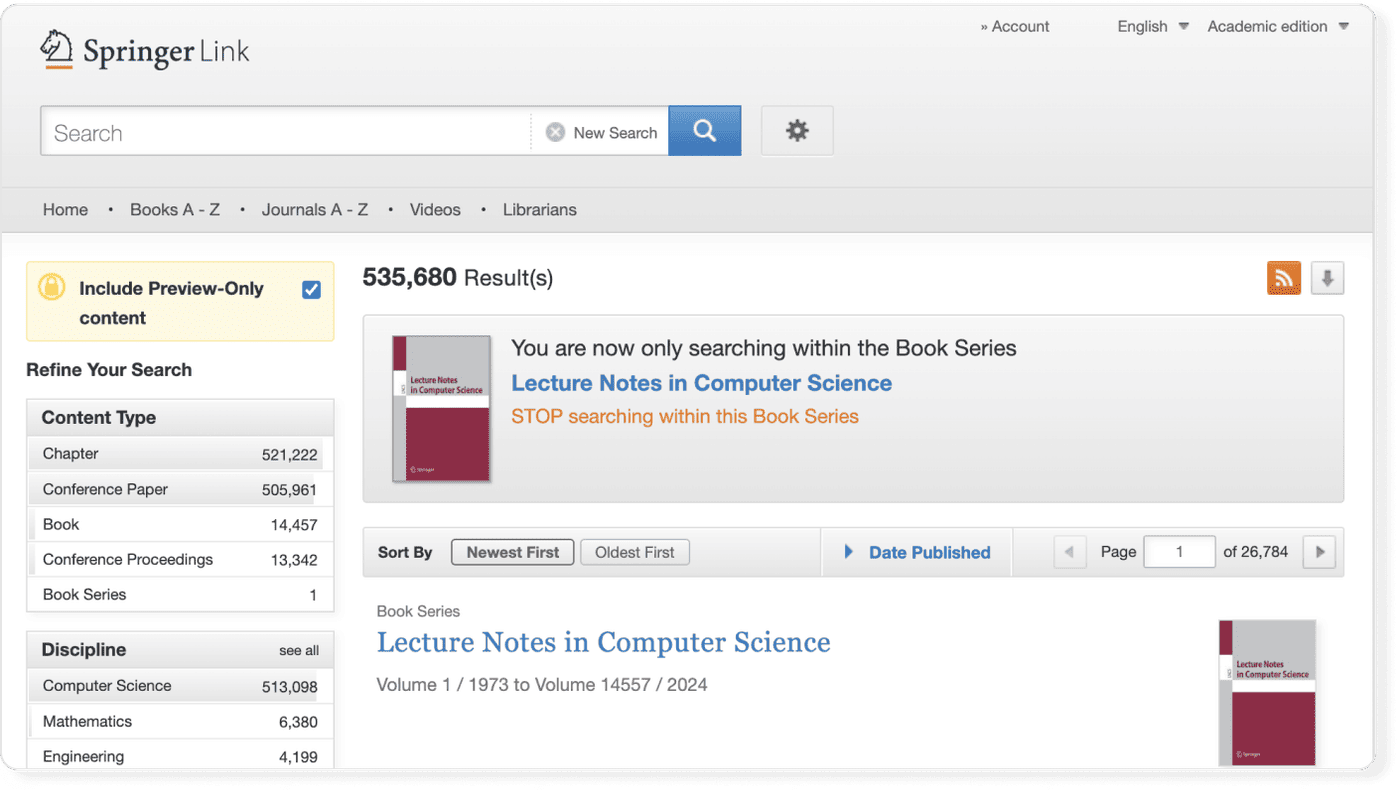 Search interface of Springer Lecture Notes in Computer Science